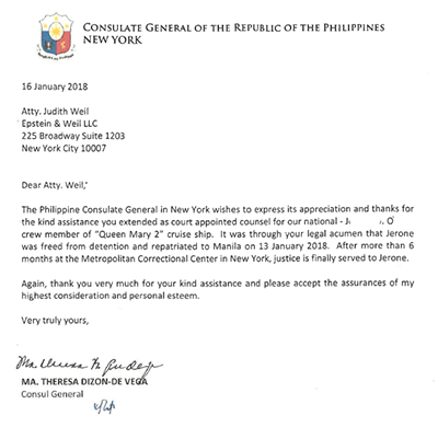 Testimonial from the Consulate General of the Republic of the Philippines in New York